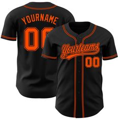 a black baseball jersey with an orange lettering on the chest and name that reads, yourname