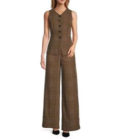 Antonio Melani Ivy Houndstooth V-Neck Sleeveless Button Front Long Line Coordinating Vest | Dillard's Sleeveless Vest With Buttons For Fall, Brown V-neck Vest For Workwear, Brown V-neck Vest For Work, Sleeveless Workwear Vest With Buttons, Plaid Sleeveless Vest For Fall, Brown V-neck Vest With Buttons, Plaid Vest For Fall, Sleeveless Buttoned Tank Top For Work, Buttoned Sleeveless Tank Top For Work