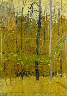 an abstract painting of trees and grass in the woods