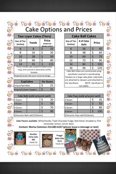 the cake options and prices sheet for cakes