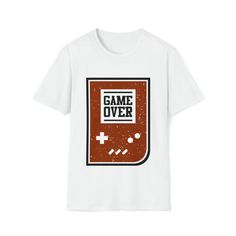 a white t - shirt with an image of a game over button on the front