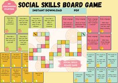 the social skills board game is shown in pink and yellow colors with lemons on it