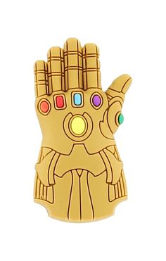 a yellow iron man glove with multicolored stones on it's palm and fingers