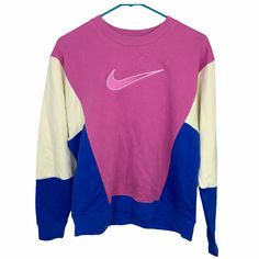 Nike Sportswear Women's Crew Ck1402-691 90’s Look Pink, Blue And Creamish Colored Nike Crew Neck Style#: Ck1402-691 French Terry Fabric Is Soft And Comfortable For All-Day Wear. The High-Contrast Color-Block Design Updates A Classic Look With Modern Style. Ribbing At The Cuffs And Hem Offers A Secure Fit. 2-Tone Embroidered Swoosh Made From Soft Fabric, The Nike Sportswear Crew Features High-Contrast Color Blocking For A Modern Take On A Classic Silhouette. Spring Athleisure Color Block Sweatshirt, Spring Color Block Athleisure Sweatshirt, Nike Pink Tops For Sports Season, Pink Crew Neck Sweatshirt For Sports Season, Pink Sweatshirt For Streetwear And Sports Season, Pink Sweatshirt For Streetwear And Sports, Pink Crew Neck Sweatshirt For Sports, Trendy Pink Color Block Sweatshirt, Pink Sporty Sweatshirt For Sports