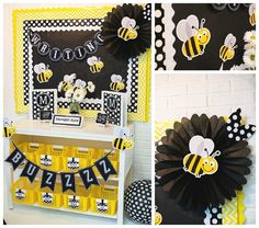 a collage of photos with black and yellow decorations on display in front of a white brick wall