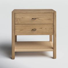 a wooden table with two drawers on one side and an open drawer on the other