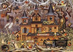 an image of a halloween scene with pumpkins and witches in front of a house