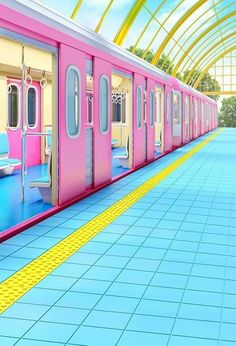 there is a pink train with doors and windows on the side, next to a blue tiled floor