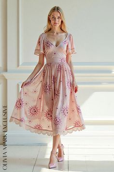 Olivia Mark - Elegant Blush Pink Floral Midi Dress with Flutter Sleeves and Lace Trim Pink Floral Midi Dress, Dress With Flutter Sleeves, Lace Midi, Floral Midi Dress, Flutter Sleeves, Cinched Waist, Olivia Mark, Flutter Sleeve, Elegant Dresses