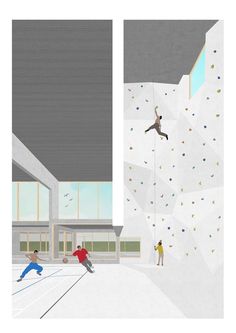 people climbing up and down the side of a building with indoor climbing walls on both sides