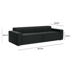 a black couch with measurements for it