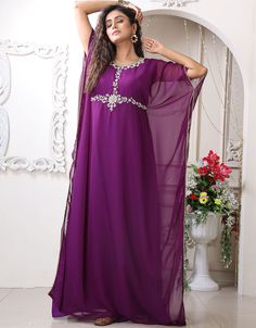 Purple Georgette Designer Islamic Embroidery Party Wear Fancy Farasha Arabian Royal Israeli Dress Maxi Kaftan Right side and both sequins work Back close with peral, easy to wear Dress belongs to the stones embroidery work at the front and sleeves Hijab and band shown in the image can be bought separately Fabric: GeorgetteCare: Mild machine wash/ hand Cold Wash/ Dry cleanWe request customers to carefully choose the correct size and dress length referring to our size chart Islamic Embroidery, Kaftan Moroccan Caftan, Caftan Dresses, Vs Image, Dubai Style, Maxi Kaftan, Moroccan Caftan, Caftan Dress, Dress Maxi