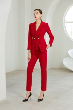 Red Three Button Layer Pantsuit Peak lapels; front button blazer V-Neck, Long sleeves; button cuffs. Structured shoulders. Chest welt pockets. Hip flap pockets Polyester 100% lining Imported Brand - Aision Model Number - 203180C1 Cape Sleeve Blazer, Formal Suits For Women, Red Pantsuit, Elegant Pants Suits, Formal Pant Suits, Formal Pant, Ladies Suits, Wide Leg Pant Suit, Elegant Pant