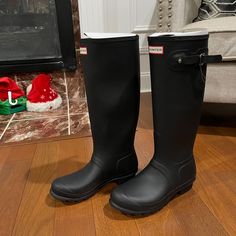 Black Size 9 Nwt Tall Hunter Boots Never Worn Black Knee-high Boots With Rubber Sole, Black Waterproof Rain Boots With Round Toe, Black Waterproof Knee-high Boots, Black Knee-high Waterproof Boots, Black Knee-high Boots For Outdoor, Black Knee-high Waterproof Boots For Outdoor, Black Rain Boots For Fall Outdoor Activities, Black Rain Boots For Outdoor Fall, Black Knee-high Rain Boots