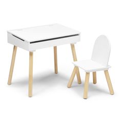 a white desk and chair are next to each other on a white surface with wooden legs