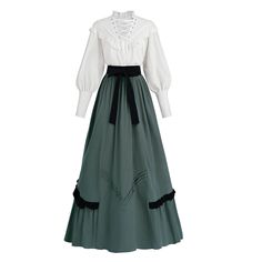 PRICES MAY VARY. 2 PIECE SET VICTORIAN COSTUME:The women's Victorian dress costume includes a white victorian blouse paired with a maxi green Victorian skirt. The victorian edwardian dress features a flattering, flowing design that ensures both comfort and authenticity. Perfect for those who wish to step back in time and experience the elegance and charm of the 1800s Victorian Edwardian era. FEATURES:The Renaissance shirt has a layer cape draping the shoulders. Long puffed sleeves gather at the 1900 Fashion Women Dresses, Victorian Servants Dress, Victorian Winter Clothes, Casual Victorian Dress, Victorian Gowns Ball, Victorian Bridesmaid Dress, 1800s Fashion Women, Victorian Era Costumes, 1800s Costume