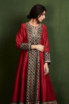 Shop for Sue Mue Red Silk Ajrakh Print Anarkali And Palazzo Set for Women Online at Aza Fashions Silk Kurti Designs, Women Kurta, Designer Kurti Patterns, Simple Kurti Designs, Gaun Fashion, Long Kurti Designs, Cotton Kurti Designs, Palazzo Set, Dress Design Patterns