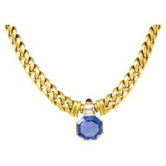 Unheated natural vivid sapphire, with GIA certificate states "natural sapphire, no indications of heating ", measurement 13.00 x 13.75 x 5.42mm Diamonds tested and are natural Necklace 14.5 inches long and 7mm wide Marked: Bvlgari B05083 750 on chain and Bvlgari C2080 750 9.89cts Total Weight : 82.5 grams Chopard Necklace, Bvlgari Necklace, Sapphire Diamond Necklace, Bulgari Jewelry, Natural Necklace, Bvlgari Jewelry, Rings Luxury, Gia Certificate, Vintage Pendant Necklace