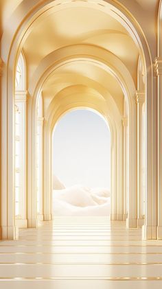 an empty hallway with arches and pillars leading into the sky