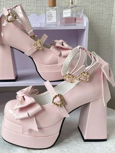 Blush Pink Platform Heels, Feminine Heels With Bow And Round Toe, Cute Closed Toe Formal Heels, Formal Closed Toe Cute Heels, Cute Formal Closed Toe Heels, Feminine Round Toe Heels With Bow, Pink Ankle Strap Heels With Bow Straps, Pink Block Heel Heels With Bow, Pink Party Heels With Bow Straps