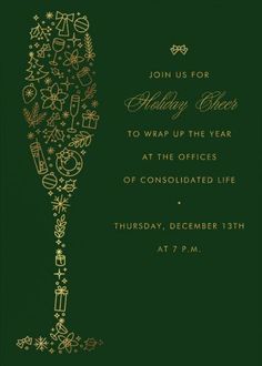 a green and gold holiday party card with an image of a champagne glass on it