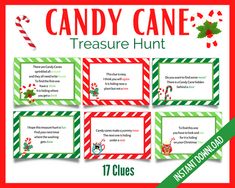 candy cane and christmas themed printables with the words,'candy cane treasure hunt '