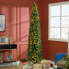 a living room with a christmas tree and presents on the floor