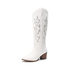 PRICES MAY VARY. Sparkling Shaft: Featuring rhinestone embellishments and exquisite embroidery, these cowgirl boots for women complete your look with a touch of luxury and captivating allure. Leg-Lengthening Design: These women's western boots are complete with a sexy pointed toe and stable 2.36-inch Cuban heel. Not only do these boots add a touch of elegance but also elongate your leg lines for a flattering look. Comfortable Fit: The skin-friendly PU upper and textile-foam lining ensure comfort White Sparkle Cowgirl Boots, Cowgirl Boots For Women, Cowboy Boots For Women, Boots Comfortable, Cuban Heels, Western Boots Women, Rhinestone Embellishments, Womens Knee High Boots, White Rhinestone