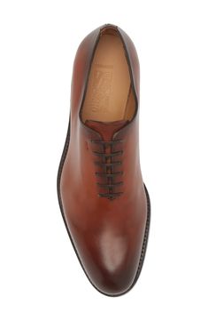 Richly burnished calfskin distinguishes this plain-toe oxford crafted in Italy using the label's exclusive Tramezza construction. Lace-up style Leather upper, lining and sole Made in Italy Designer Shoes Luxury Cognac Oxfords With Brogue Detailing, Luxury Cognac Plain Toe Oxfords, Luxury Plain Toe Oxfords In Cognac, Luxury Cognac Oxfords With Cap Toe, Luxury Cognac Cap Toe Oxfords, Luxury Cognac Cap Toe Dress Shoes, Luxury Italian Bridle Leather Oxfords, Luxury Cognac Oxfords For Semi-formal, Luxury Cognac Oxfords For Semi-formal Occasions