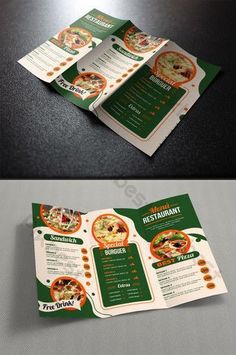 two different views of a restaurant brochure, one with an image of the menu and