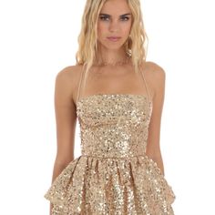 Lucy In The Sky Size Large Gold Glitter Dress Never Worn Gold Sequined Mini Dress For Homecoming, Gold Sequined Mini Dress For Holiday Party, Gold Sequin Mini Dress For Prom, Gold Sparkling Mini Dress For Summer, Gold Sequin Dress For Homecoming And Prom Season, Gold Summer Homecoming Dress, Gold Homecoming Dress For Summer, Gold Mini Dress For Prom Holiday, Gold Mini Dress For Prom And Holiday