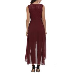 Burgundy Splicing Lace High Low Swing Party Dress Red Spliced Dress For Party, Sleeveless Patchwork Maxi Dress For Party, Chiffon Lace Patchwork Party Dresses, Chiffon Party Dress With Lace Patchwork, Chiffon Lace Patchwork Dresses For Party, Summer Party Maxi Dress With Overlay, Summer Party Dress With Splicing Detail, Chic Spliced Dresses For Party, Party Chiffon Dresses With Patchwork