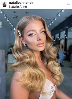 Wedding Down Hairstyles For Medium Hair, Slick Down Wedding Hair, Down Wedding Hairstyles Middle Part, Wedding Hair Fully Down, Hairstyle One Side Pinned Back, Wedding Long Hair Down, Side Part Wedding Hair With Veil, Blonde Formal Hairstyles, Loose Hollywood Waves