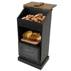 a black bread dispenser filled with different types of bread