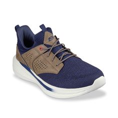 Skechers-Slade Breyer Sneaker - Men's Look relaxed and feel refreshed in every step you take when you rock the Slade Breyer sneakers from Skechers. The sporty style is complete with a removable Memory Foam® insole and a Goga Mat Arch™ for extra comfort. Elastic laces provide a secure fit, while the flexible sole is designed to move with you. Navy Sporty Walking Shoes With Rubber Sole, Navy Synthetic Sneakers For Outdoor, Navy Synthetic Outdoor Sneakers, Navy Casual Running Shoes With Cushioned Footbed, Casual Navy Running Shoes With Cushioned Footbed, Navy Slip-on Sneakers For Outdoor, Navy Outdoor Sneakers With Boost Midsole, Navy Low-top Sneakers For Outdoor Activities, Navy Low-top Outdoor Sneakers