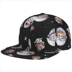 Fans of The Mandalorian will want to snatch up this limited-edition hat immediately! This super cool cap features a high-quality printed design of The Child that covers the entire hat from front to back. A bold black background makes every detail of little Grogu stand out vividly. This hat is made of durable, breathable polyester and has an adjustable snapback that makes it easy to find a comfortable, secure fit for fans of all ages. This Grogu All-over Printed Limited Edition Snapback Cap is an Trendy Black Fitted Hat With Flat Brim, Trendy Black Snapback Hat With Flat Bill, Black Hip Hop Trucker Hat Flat Cap, Hip Hop Cap With Graphic Print, Black Fitted Baseball Cap With Letter Print, Black Fitted Hat With Letter Print, Black Snapback Baseball Cap With Letter Print, Black Fitted Hat With Letter Print And Flat Brim, Hip Hop Graphic Print Snapback Baseball Cap