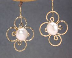 Handmade White 14k Gold Earrings, Delicate Gold Pearl Earrings Nickel Free, Gold Sterling Silver Pearl Earrings Nickel Free, Elegant Cream Earrings With Ear Wire, Nickel-free 14k Gold White Earrings, Nickel-free White 14k Gold Earrings, Elegant Cream Earrings Nickel Free, White 14k Gold Nickel-free Earrings, Elegant Cream Nickel-free Earrings