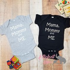 Mama Mommy and Me bodysuit. Show off that pride in your baby. Bodysuit is soft and comfortable for your little one. Perfect gift for baby shower or newborn gift. Make it a complete outfit by adding pants and a hat! Family Matching Black Cotton Onesie, Fun Fitted Cotton Bodysuit, Family Matching Cotton Onesie For Playtime, Cotton Onesie For Playtime With Family Matching Style, Customizable Fitted Playful Onesie, Fun Cotton Bodysuit For Playtime, Fitted Playful Onesie With Letter Print, Playful Fitted Onesie With Letter Print, Playful Cotton Bodysuit With Letter Print