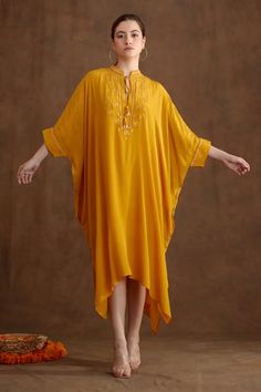 Shop for Nikasha Yellow Viscose Crepe Mirror Yoke Embroidered Kaftan Dress for Women Online at Aza Fashions Western Kaftan Dress, Formal Kaftan Dress, Kaftan Shirts Women, Simple Kaftan Dress, Kaftan Lace Styles, Kaftans Dresses Modern, Kaftan Pattern Caftan Dress Style, Lehenga Shoot, Unique Kaftan Designs