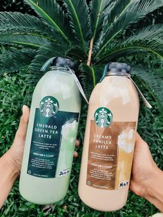 two bottles of starbucks's green tea latte are shown in front of some plants