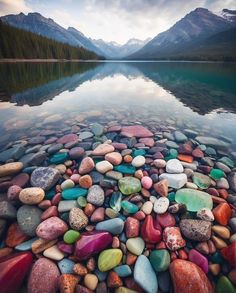 colorful rocks are arranged in the shape of a heart on a lake's shore