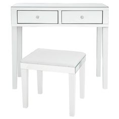 a white table with two drawers and a stool