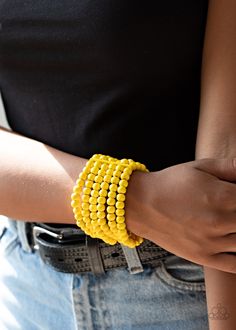 Held in place with rectangular wooden fittings, a collection of sunny yellow wooden beads are threaded along stretchy bands around the wrist, creating colorful layers. Paparazzi Jewelry Images, Yellow Bracelet, Wooden Bracelet, Wood Bracelet, Sunny Yellow, Summer Necklace, Paparazzi Accessories, Stretchy Bracelets, Paparazzi Jewelry