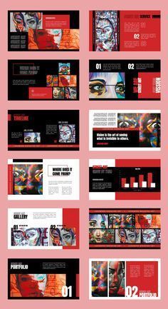 a red and black brochure with different images on the front, back and side