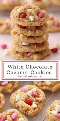 white chocolate coconut cookies stacked on top of each other