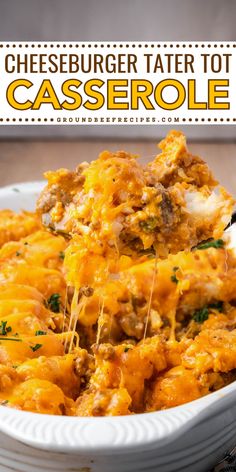 In the mood for some yummy comfort food? This cheeseburger casserole with tater tots and ground beef is a cozy winter meal! Full of cheesy, meaty goodness, this easy winter recipe is the BEST Cheeseburger Tater Tot Casserole. Save this hearty dinner recipe! Healthy Dinners With Ground Beef, Tater Tot Casserole With Ground Beef, Casserole Cheeseburger, Casserole With Tater Tots, Cheesy Hamburger Casserole, Beef Tater Tot Casserole, Weekend Recipes Dinner, Easy Tater Tot Casserole, Cheeseburger Tater Tot Casserole