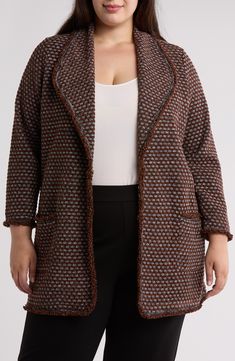 Top off any outfit with this textured jacquard jacket fashioned with an elegant shawl collar and handy patch pockets. 35" length (size 2X) Shawl collar Long sleeves Patch pockets Jacquard construction Fringe trim 93% polyester, 7% rayon Hand wash, dry flat Imported Model stats: 5'10" height, 41" bust, 36" waist, 48" hip. Model is wearing size 2X. Brown Jacquard Knit Outerwear For Fall, Elegant Jacquard Knit Winter Outerwear, Elegant Jacquard Knit Outerwear For Winter, Chic Textured Knit Outerwear For Work, Winter Jacquard Knit Workwear Outerwear, Fall Workwear Jacquard Knit Cardigan, Fall Jacquard Knit Cardigan For Work, Fall Tweed Workwear Cardigan, Fall Tweed Cardigan For Work