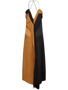 Fixed spaghetti straps. Asymmetric hem. Front slit. Model is wearing a size38 Brown Satin Dress, Petar Petrov, Designer Drapes, Satin Gown, Maxi Dress Evening, Chiffon Maxi, Maxi Knit Dress, Chiffon Maxi Dress, Colorblock Dress