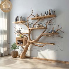 a wooden tree shelf with books on it