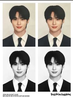 four pictures of the same person in different poses, each with their own hair color